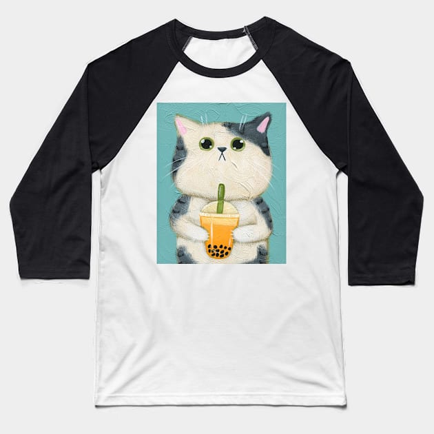 Mango Boba Kitty Baseball T-Shirt by KilkennyCat Art